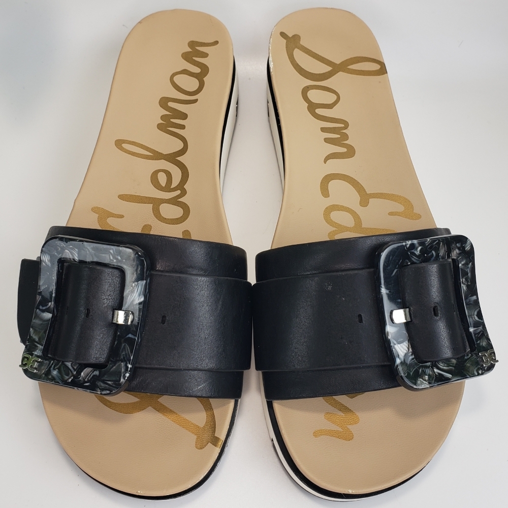 Sam Edelman Black Sandal Slide Ariane Marble Buckle Leather Platform sz 8